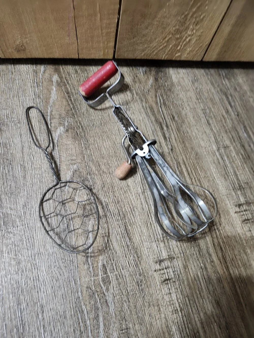Vintage Hand Egg Beater and Wire Egg Beater/Skimmer - Red Handle